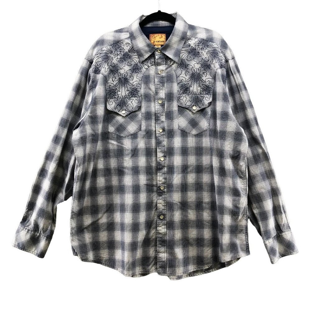 R-Vintage Mens Western Pearl Snap Button Embroidered Shirt Size XXL Blue Cowboy‎